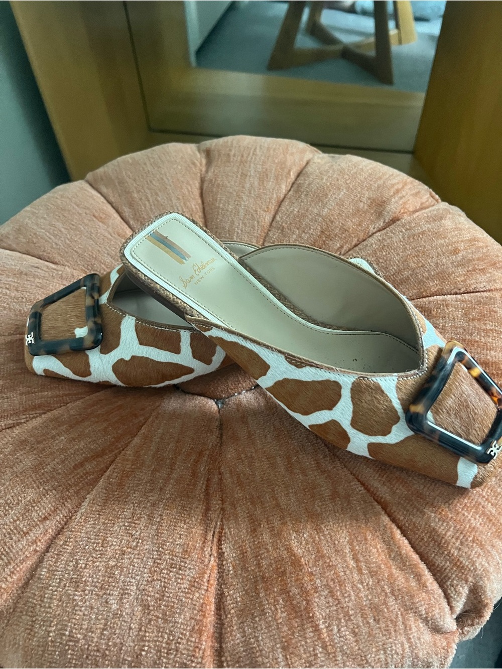Sam Edelman Giraffe Print Slip-On Mules with Tortoiseshell Buckle